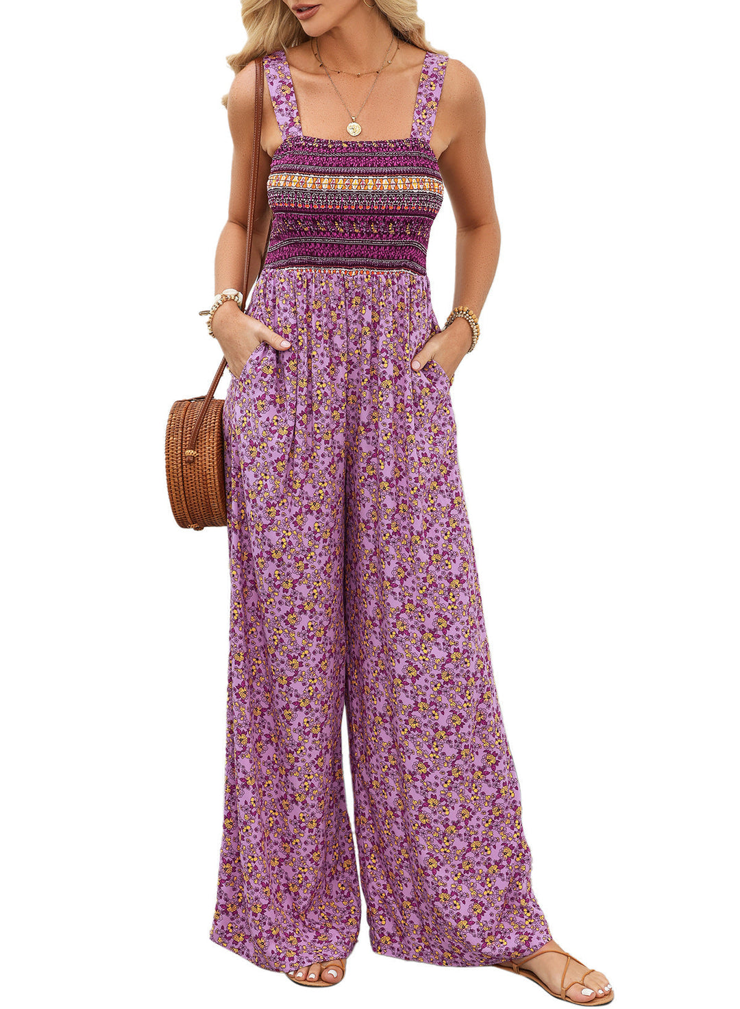 Women's spring floral jumpsuit with a v-neckline, embodying fashion and elegance.