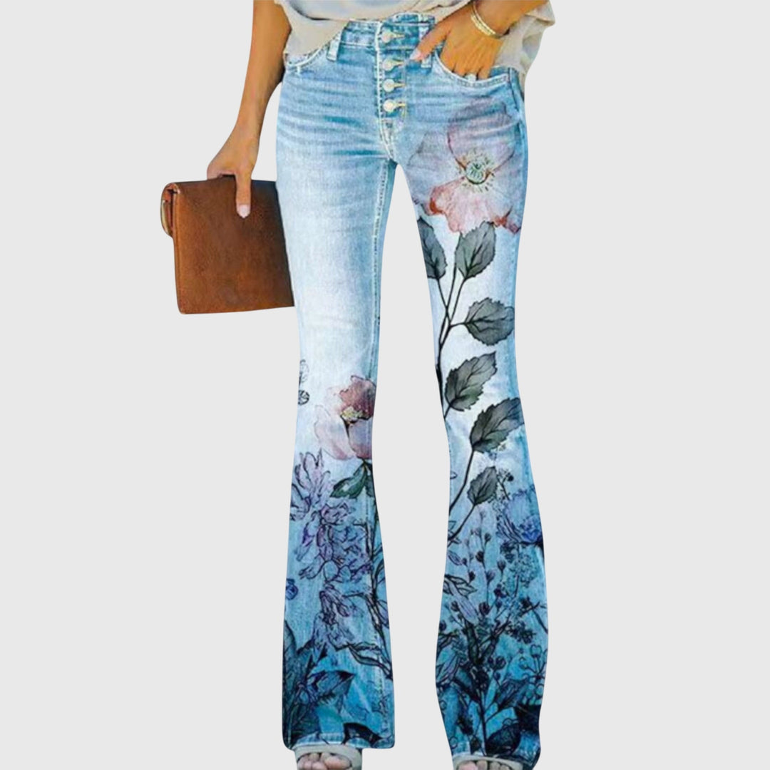 Comfortable women's floral wide-leg pants. Elegant design with button accents, great for spring/summer fashion.