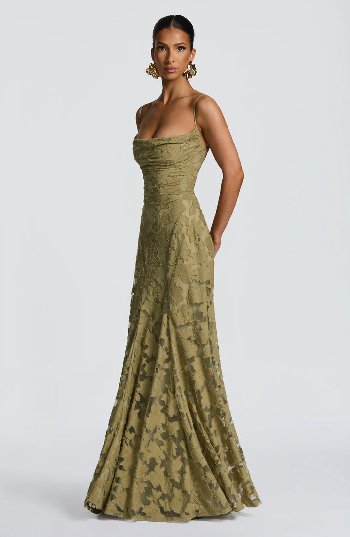 Sophisticated women's party dress, a long flowy maxi gown for evening events.