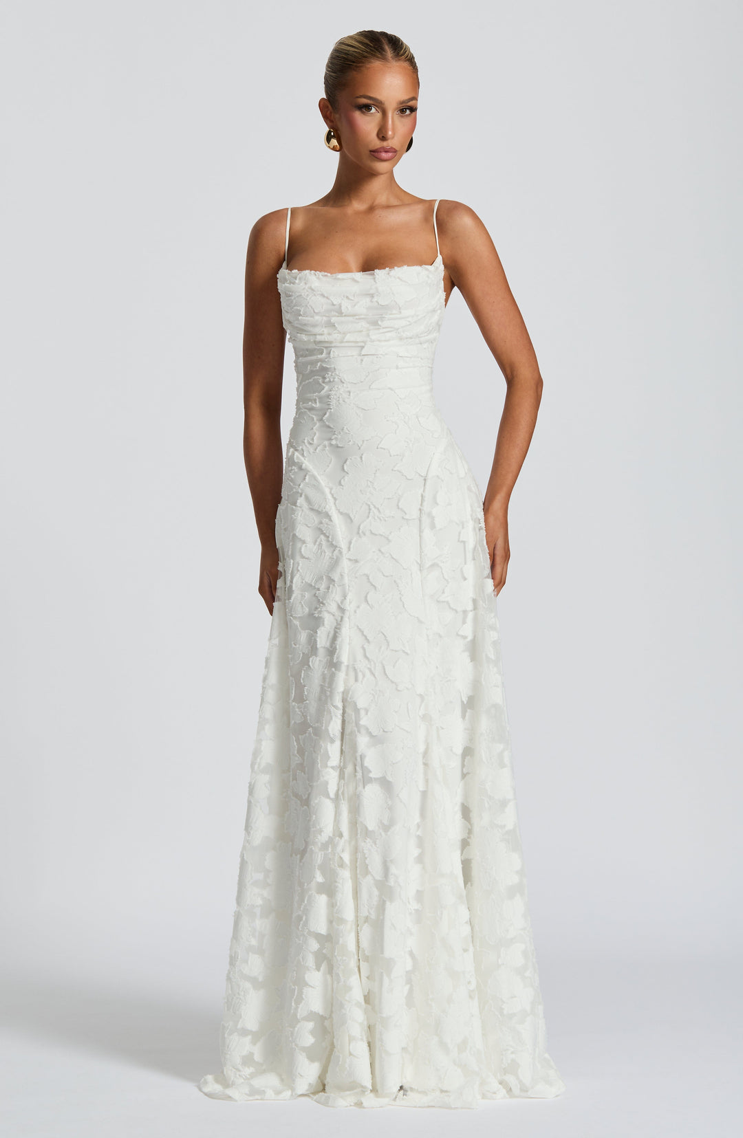 Long women's evening gown with a flattering flowy design, ideal for special occasions.