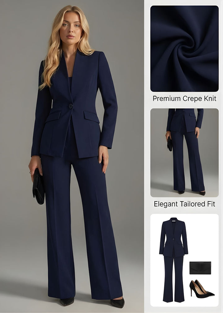Women's elegant high-collar blazer & wide-leg trouser suit set for professional office wear.