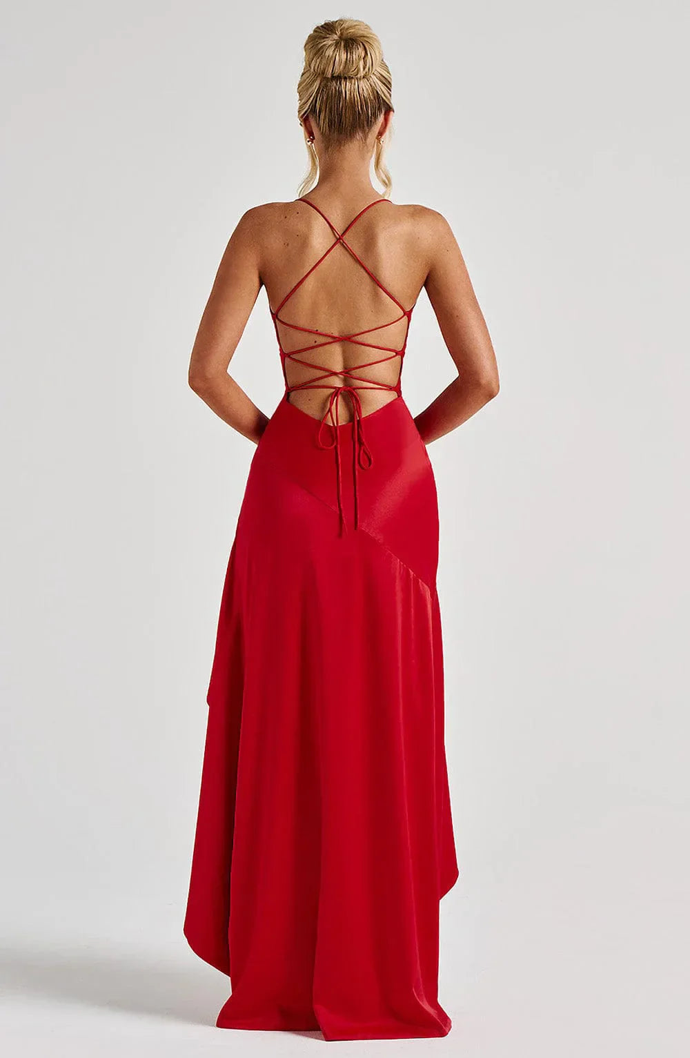 Elegant women's special occasion dress, sleeveless, with a high slit, draped neck, and beautiful lace-up back.