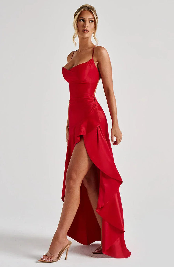 Open back high slit women's maxi wedding guest dress, sophisticated and formal, with a graceful flow.