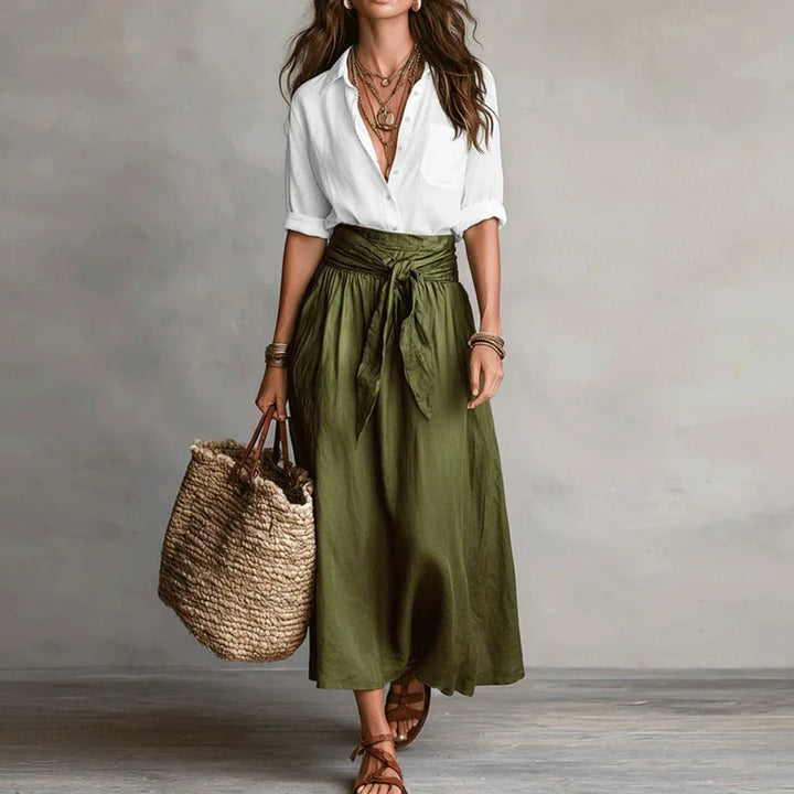 Chic women's linen blouse and skirt co-ord, an elegant and versatile summer outfit for day or evening.