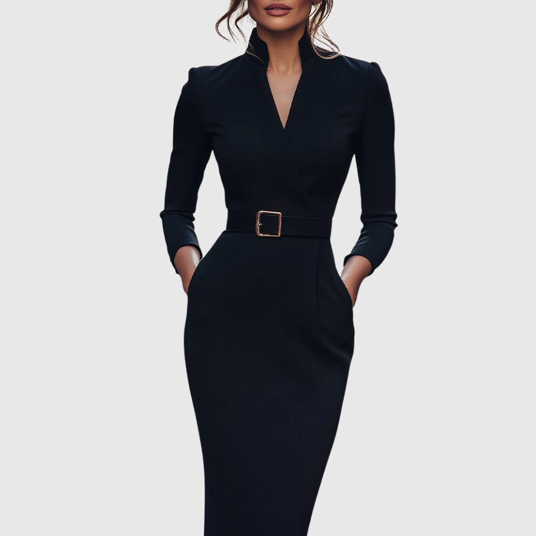 Women's elegant long sleeve midi wrap dress with refined neckline and self-tie belt.