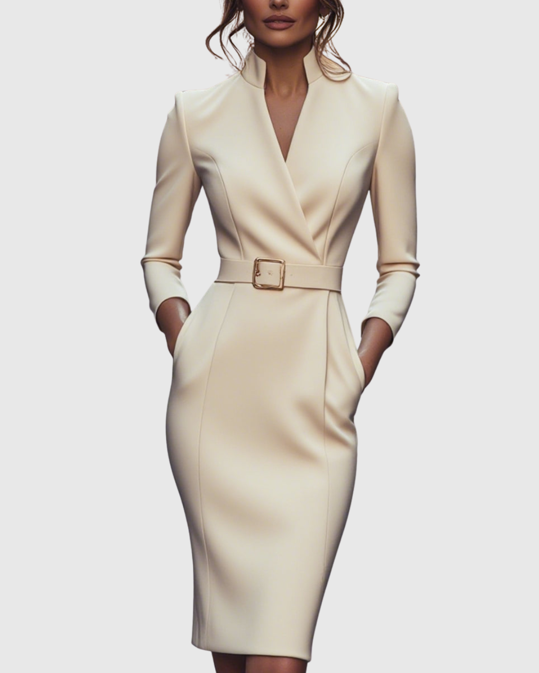 Elegant women's sophisticated midi dress featuring a refined wrap neck and self-tie belted waist.