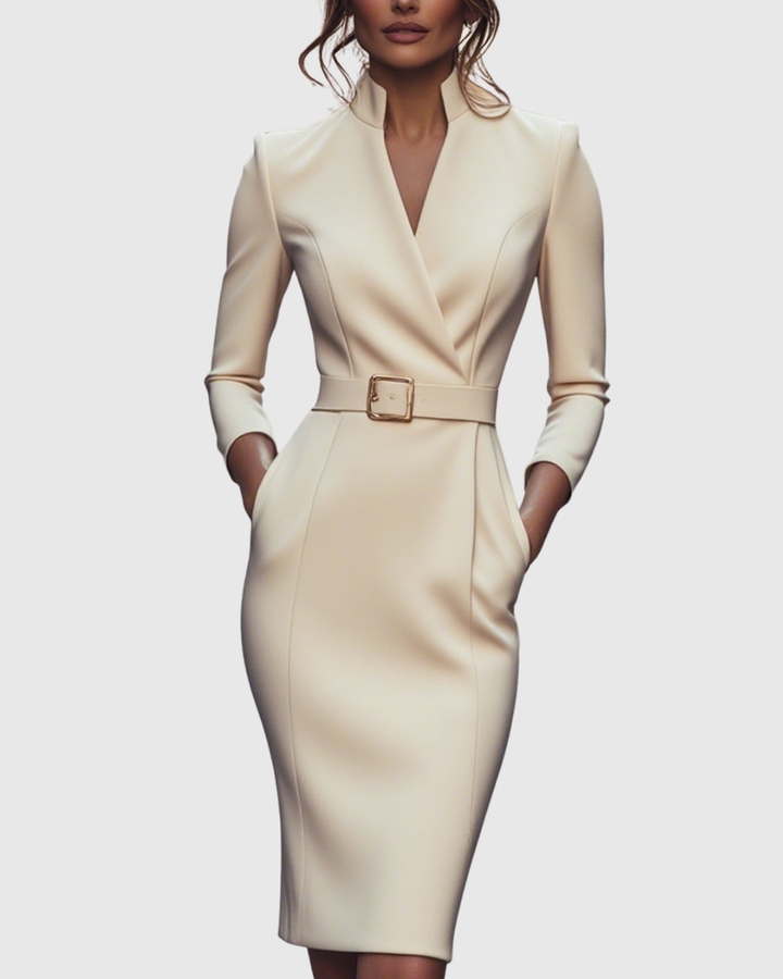 Elegant women's sophisticated midi dress featuring a refined wrap neck and self-tie belted waist.