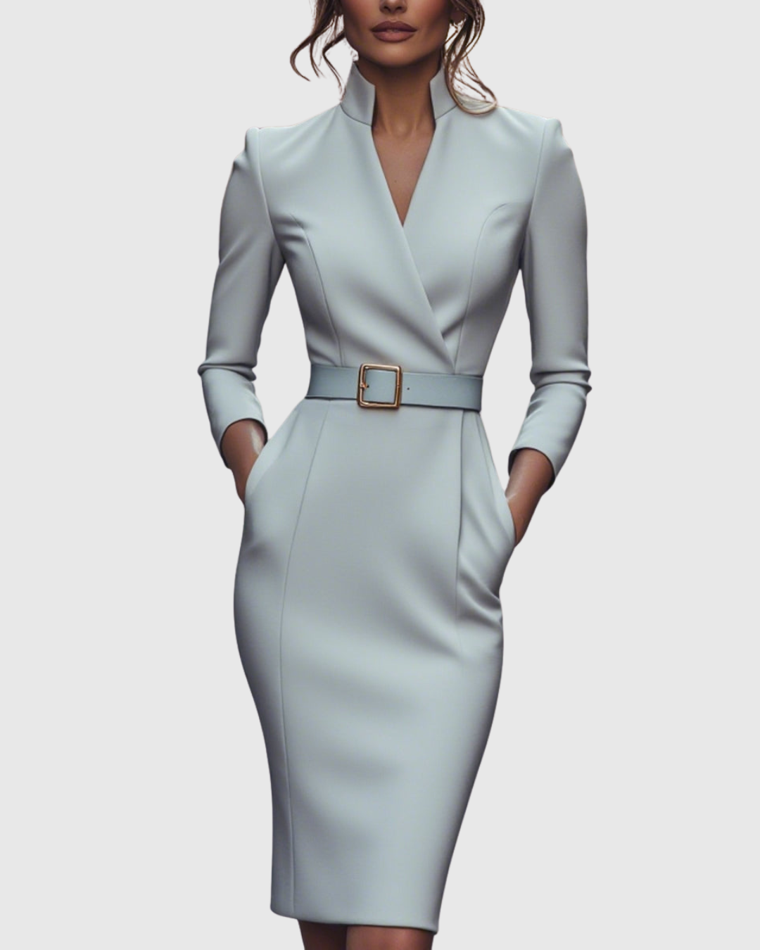 Long sleeve women's midi dress, a chic wrap design with an elegant belt, perfect for the office.