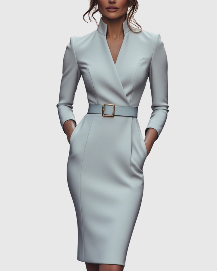 Long sleeve women's midi dress, a chic wrap design with an elegant belt, perfect for the office.