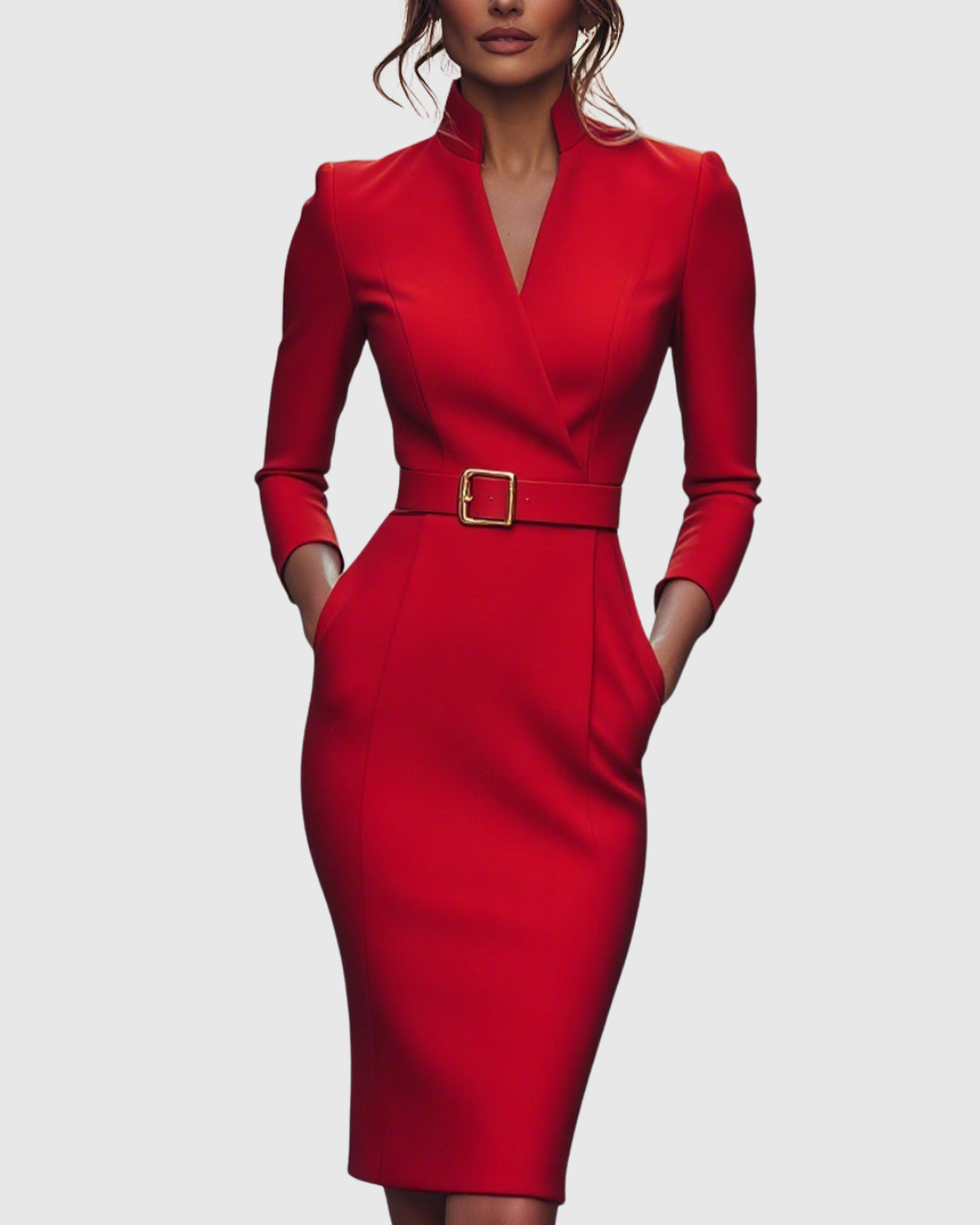 Women's elegant belted wrap dress, midi length with long sleeves, offering a sophisticated look.