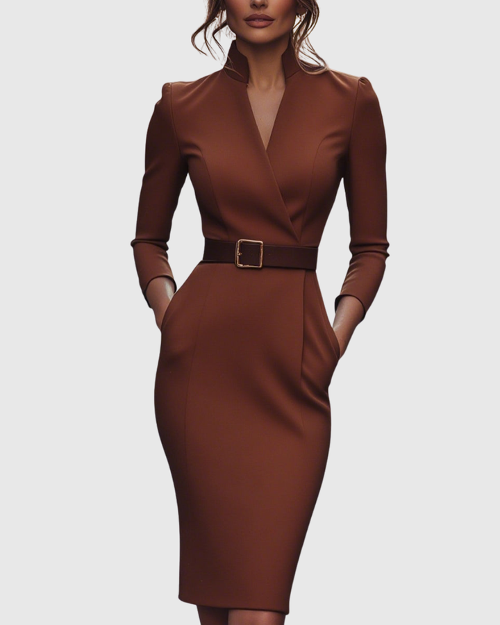 Refined long sleeve midi dress for women, a belted wrap style that's elegant and work-appropriate.