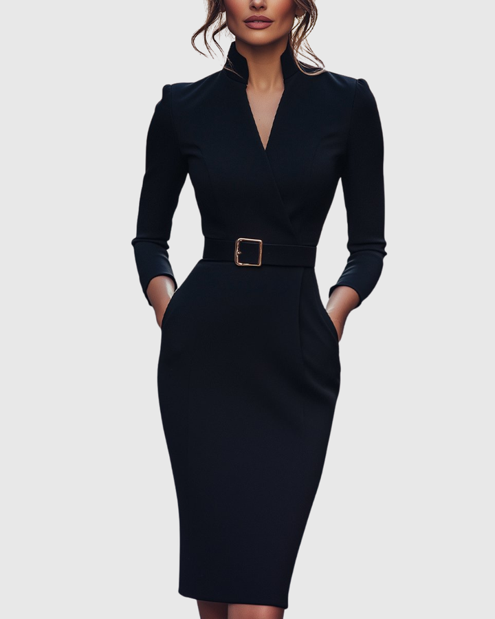 Sophisticated belted midi dress for women, perfect for office or work, featuring a stylish wrap front.