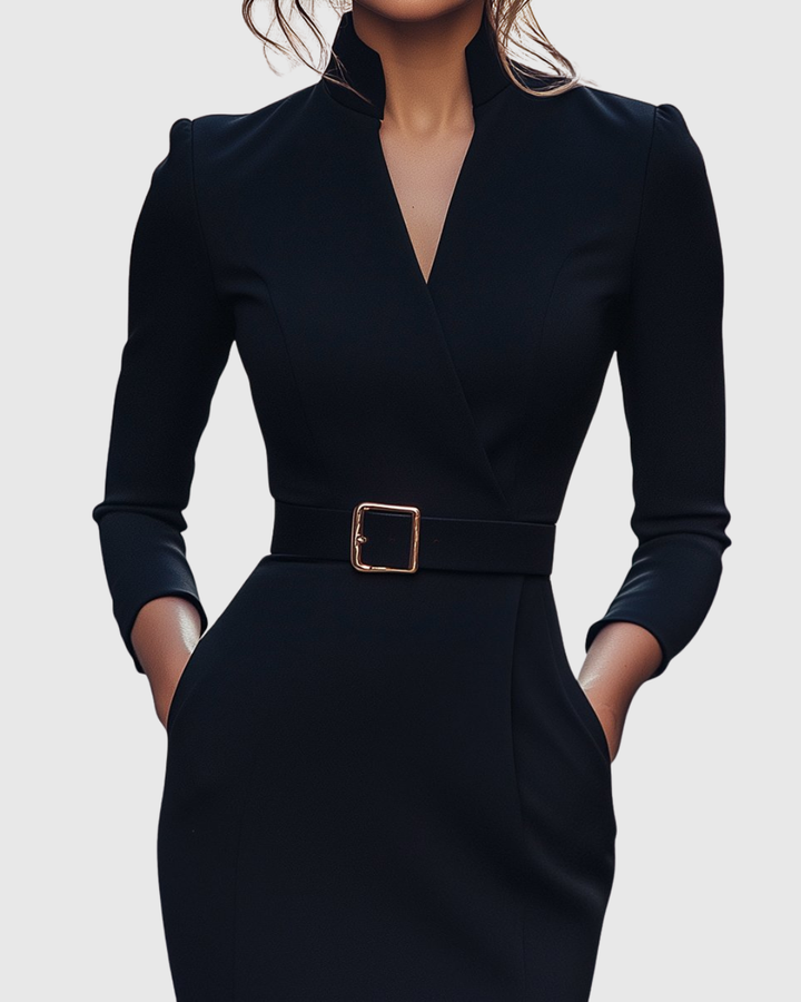 Chic women's long sleeve midi dress with a flattering wrap neckline and elegant waist belt.
