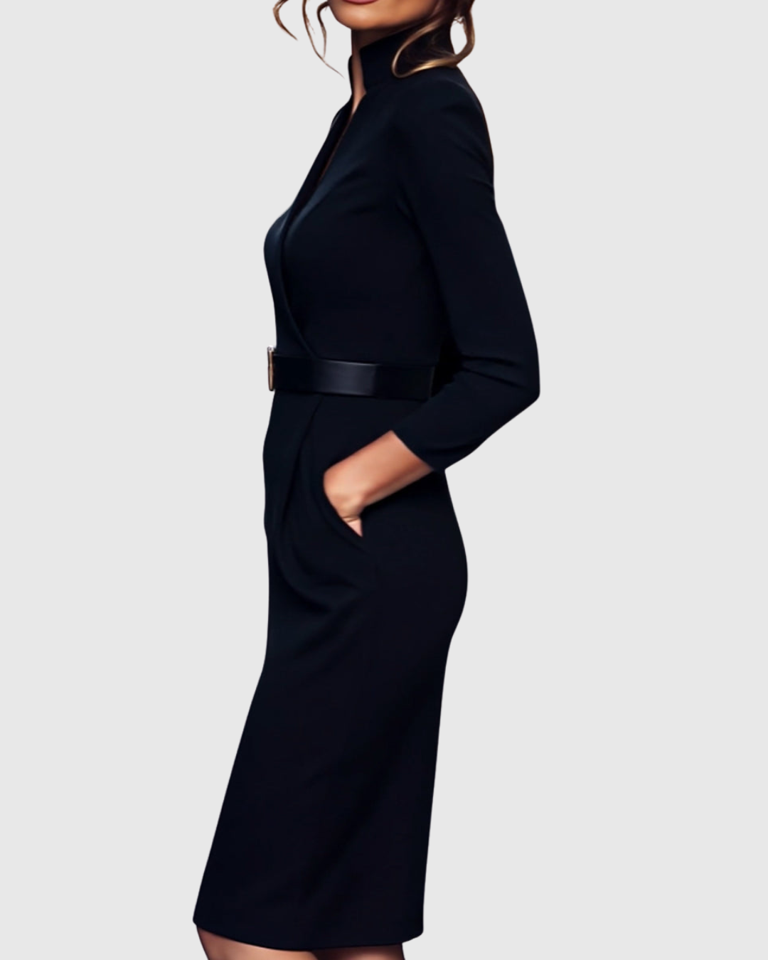Belted wrap midi dress, an elegant long sleeve women's office attire, featuring a refined silhouette.