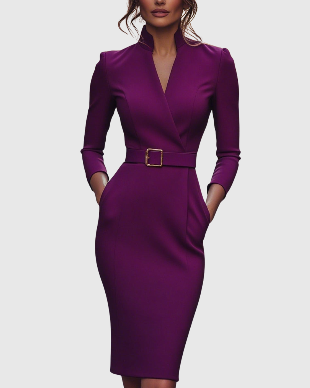 Refined wrap neckline midi dress with long sleeves and an elegant belt, ideal for work.
