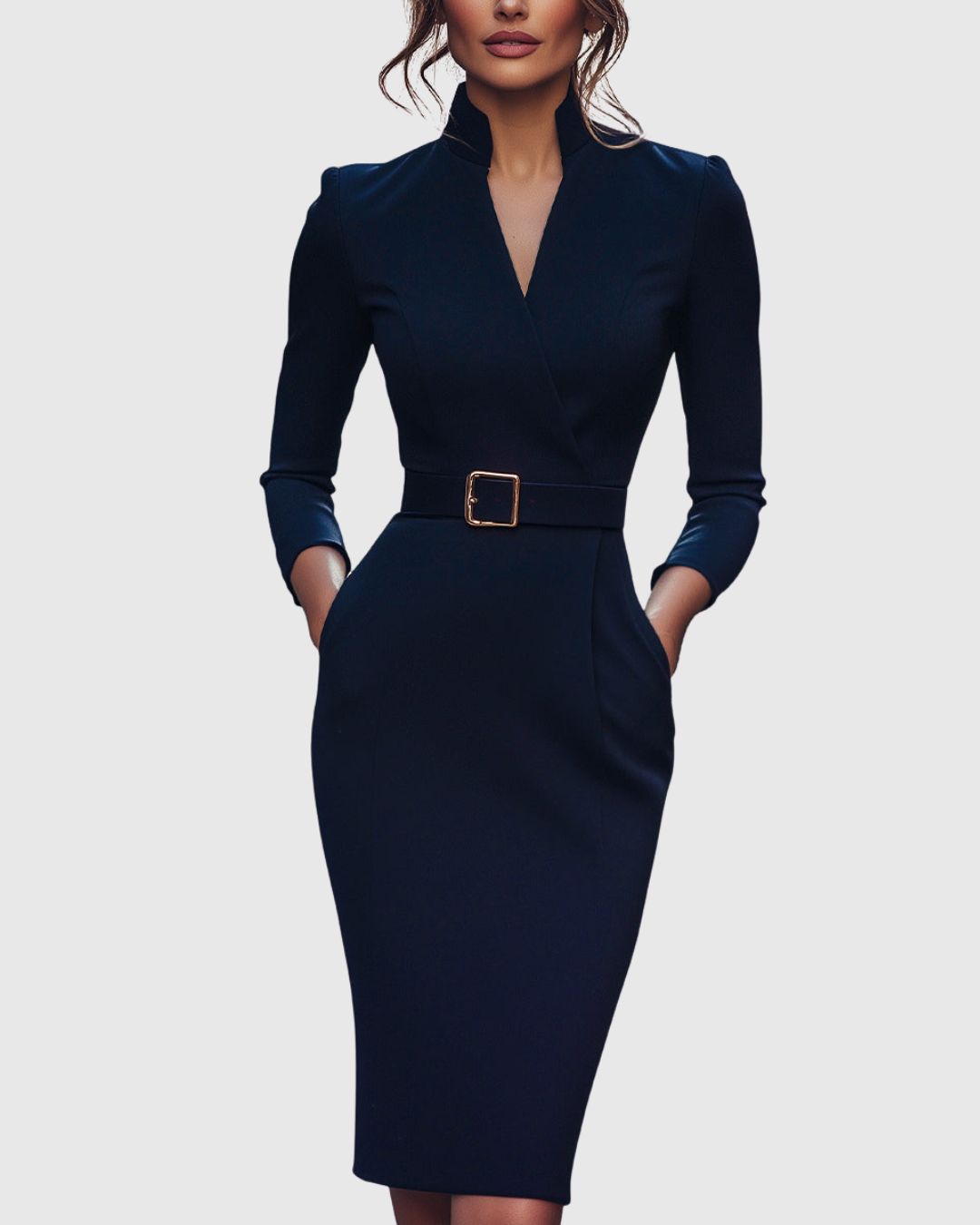 Classic women's belted long sleeve midi dress, a versatile elegant wrap style for various occasions.