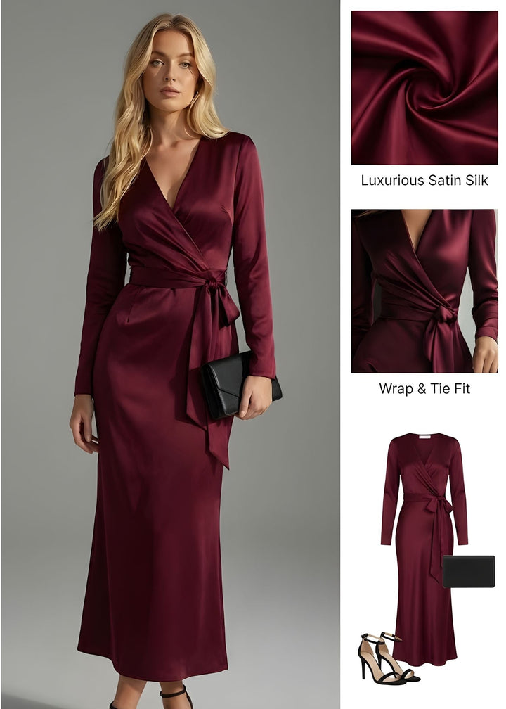 Women's elegant long sleeve wrap maxi dress with a flattering tie-waist detail, ideal for formal and special occasions.
