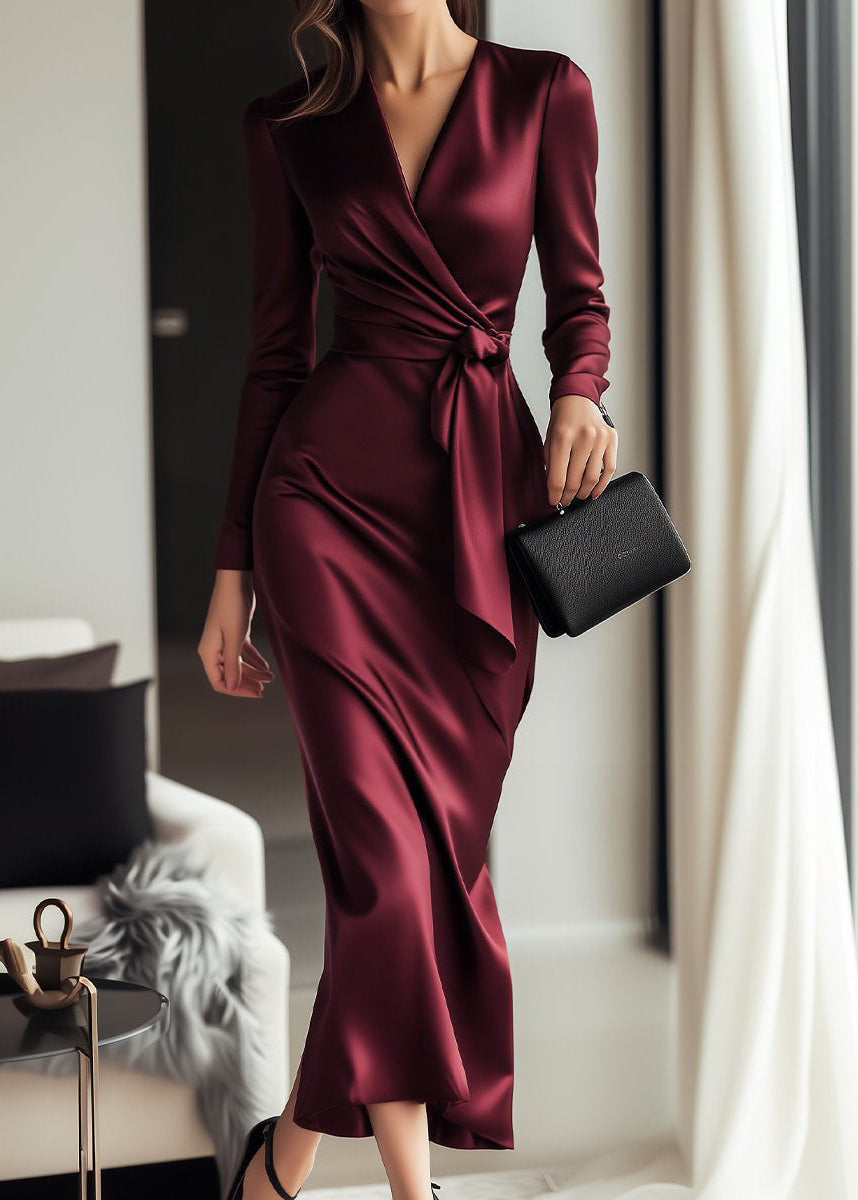 Sophisticated long sleeve V-neck wrap dress for women. Perfect as a formal evening gown or elegant wedding guest attire.