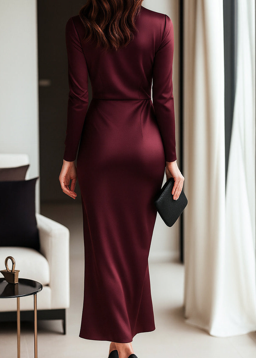Stylish women's long sleeve wrap dress featuring a tie waist detail. Ideal elegant maxi dress for formal events & parties.