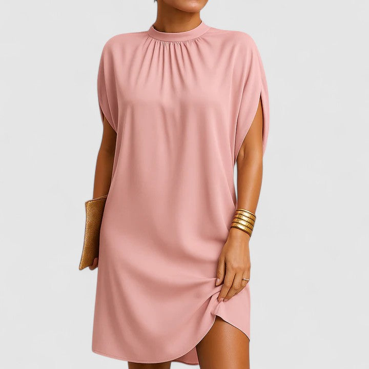 Women's elegant mock neck midi dress with unique batwing split sleeves. Perfect for spring fashion.