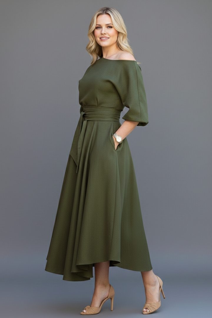 Elegant women's off-shoulder midi dress. Long lantern sleeves and defined waist make it ideal for events.