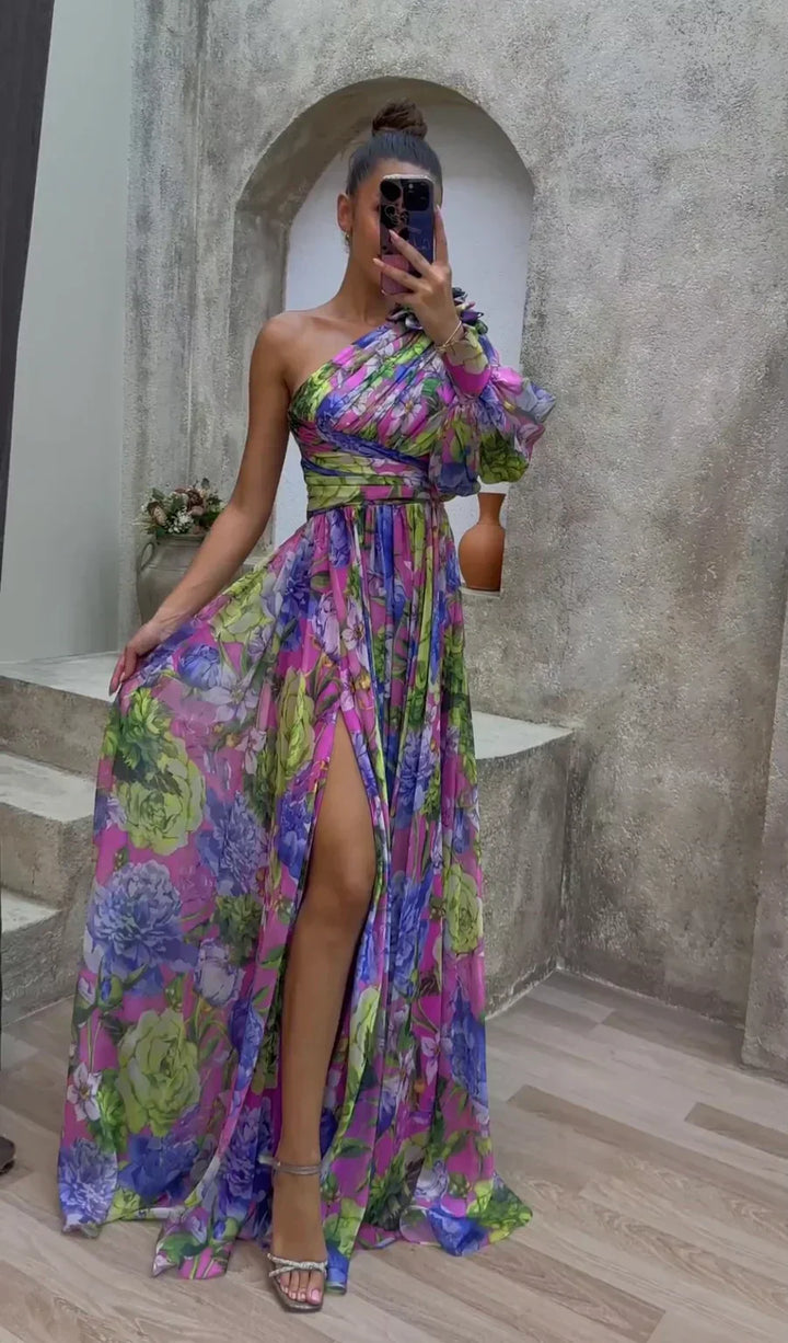 Women's elegant one-shoulder floral maxi dress with a stylish split design, perfect for summer parties.
