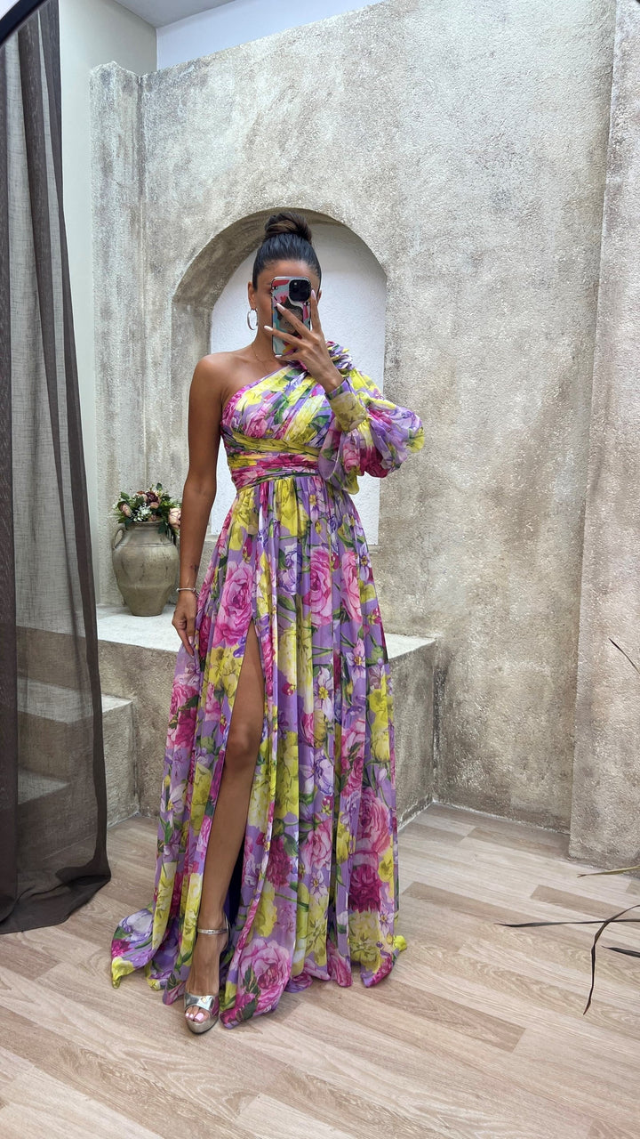 Chic asymmetrical floral maxi dress for women, ideal for wedding guests or elegant summer events.