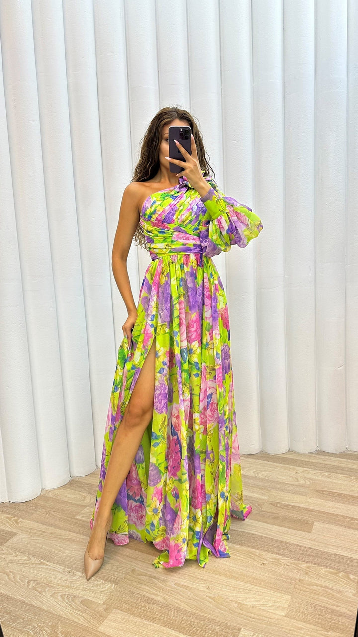 Elegant women's floral one-shoulder maxi dress with a comfortable fit and stylish split, perfect for any occasion.