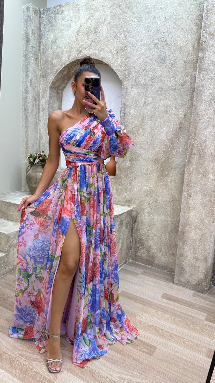 Unique asymmetrical one-shoulder floral maxi dress for women, offering an elegant split design.