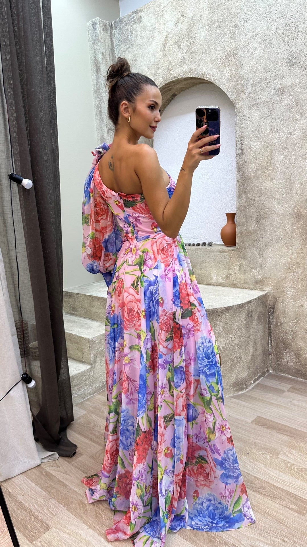 Women's floral one-shoulder maxi dress with elegant split. Perfect party, summer, wedding guest fashion.