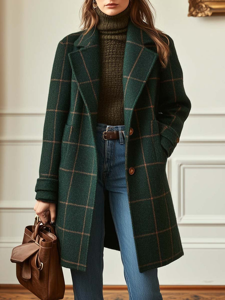 Women's elegant plaid lapel coat for timeless fall & winter fashion, featuring a chic retro check design.