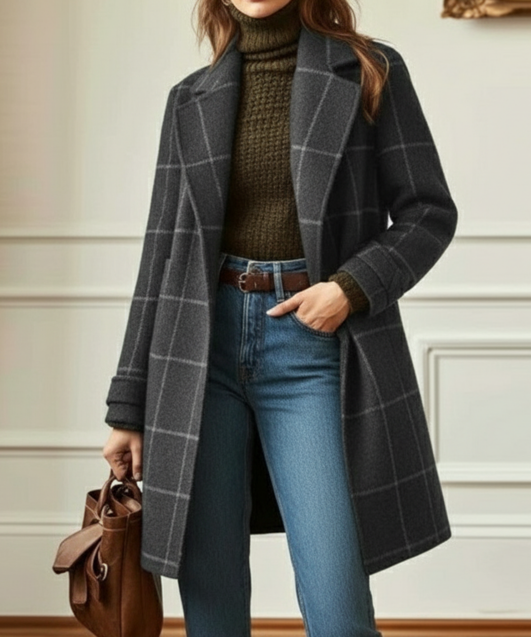 Classic women's elegant plaid check coat with a sophisticated lapel design, ideal for winter fashion.