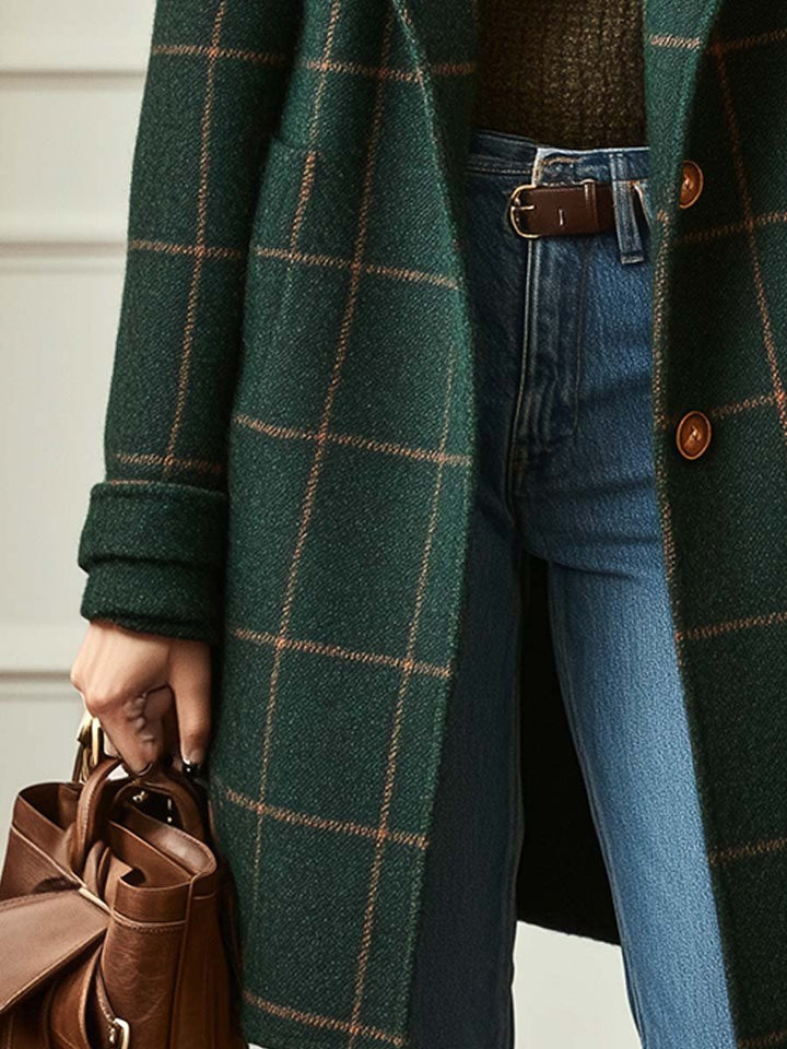 Elegant women's plaid lapel coat, a timeless piece of outerwear for chic fall and winter ensembles.