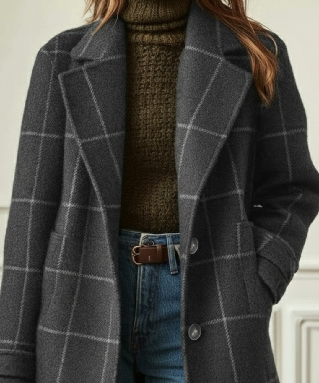 Retro-inspired women's plaid lapel coat, offering elegant and chic style for fall & winter fashion outfits.