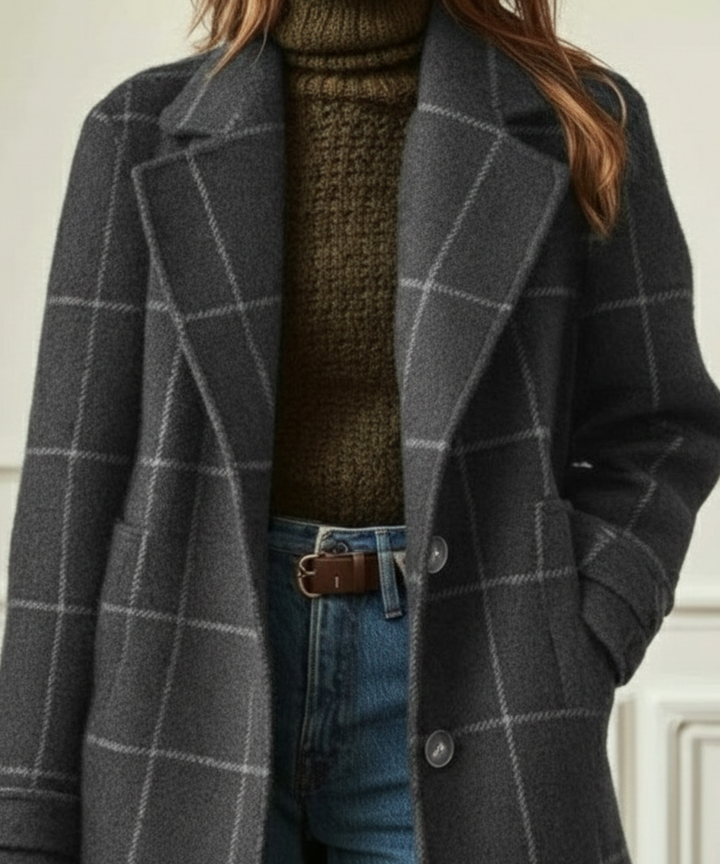 Retro-inspired women's plaid lapel coat, offering elegant and chic style for fall & winter fashion outfits.