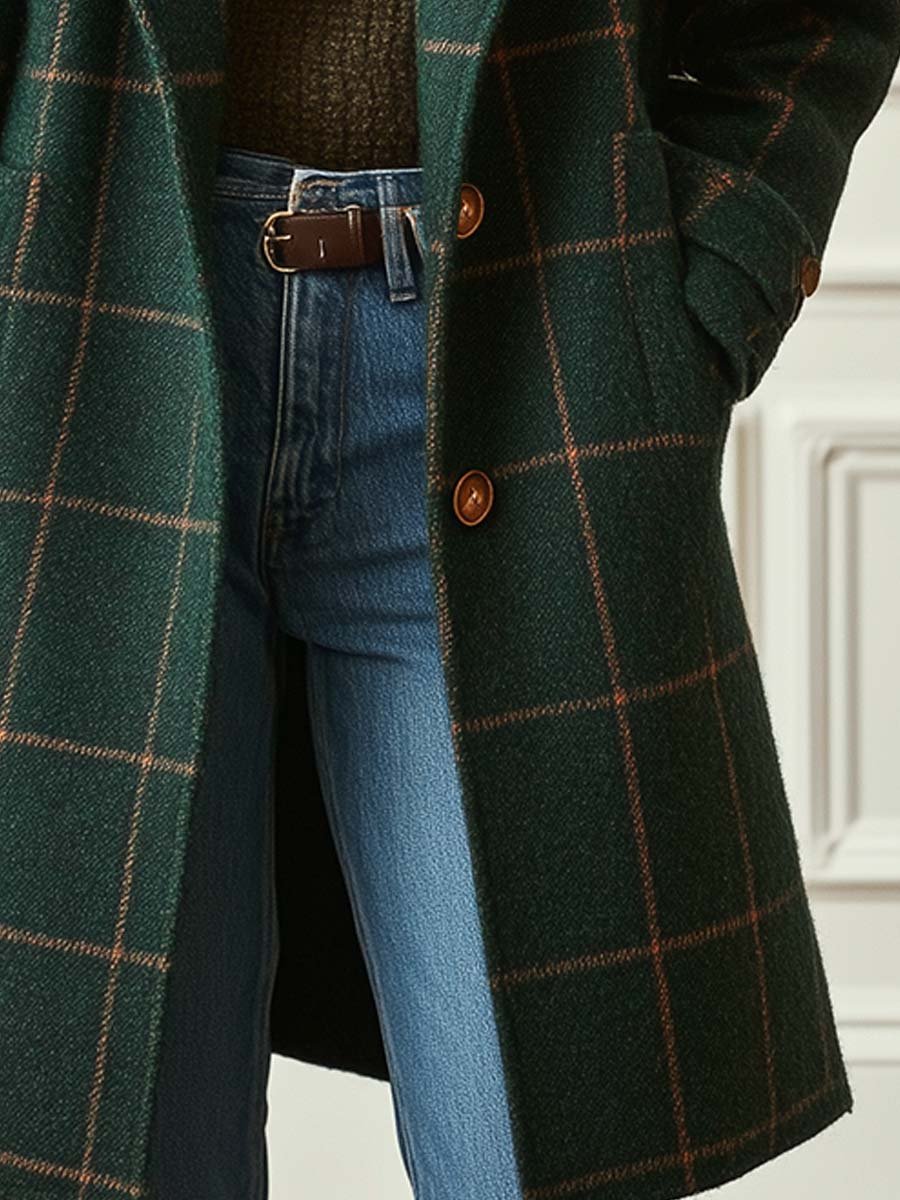 Stylish women's check plaid lapel coat, embodying classic elegance for sophisticated fall & winter outerwear.
