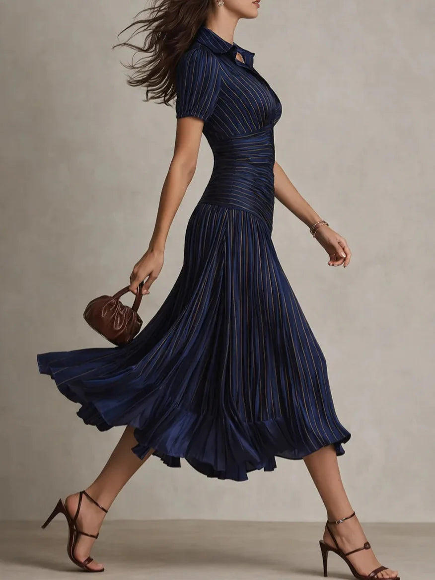 Versatile women's collared pleated midi dress, perfect for formal wear or casual chic occasions.