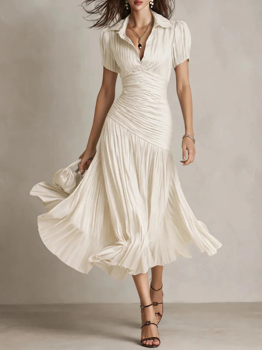 Effortless style: sophisticated women's collared midi dress with elegant pleats. Feminine and chic.