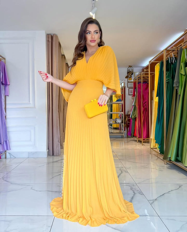 Women's long pleated batwing sleeve V-neck maxi dress, a formal and elegant choice for any celebration.