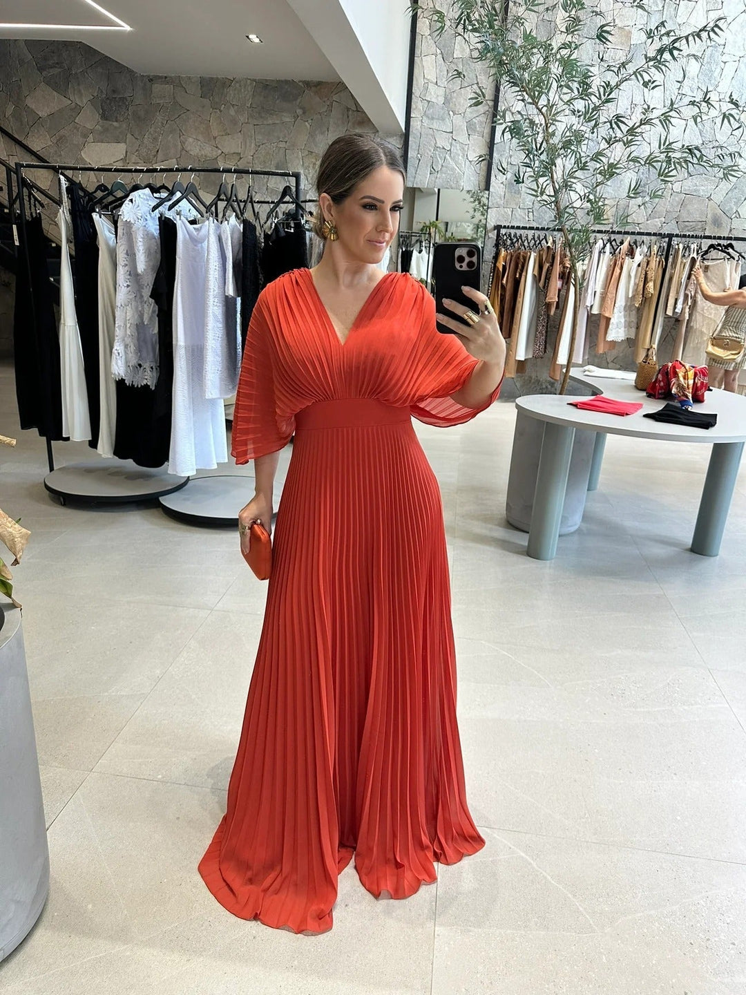 Versatile women's long pleated V-neck maxi dress with batwing sleeves, for weddings & formal gatherings.