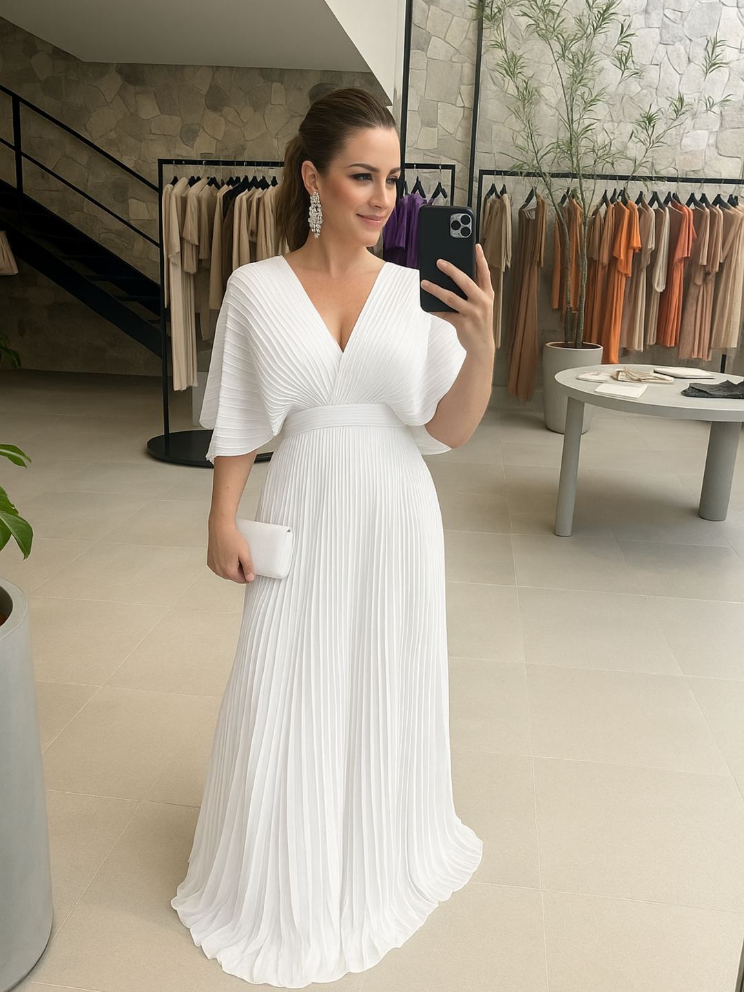 Comfortable & stylish pleated maxi dress with batwing sleeves, perfect for a wedding guest or formal party.