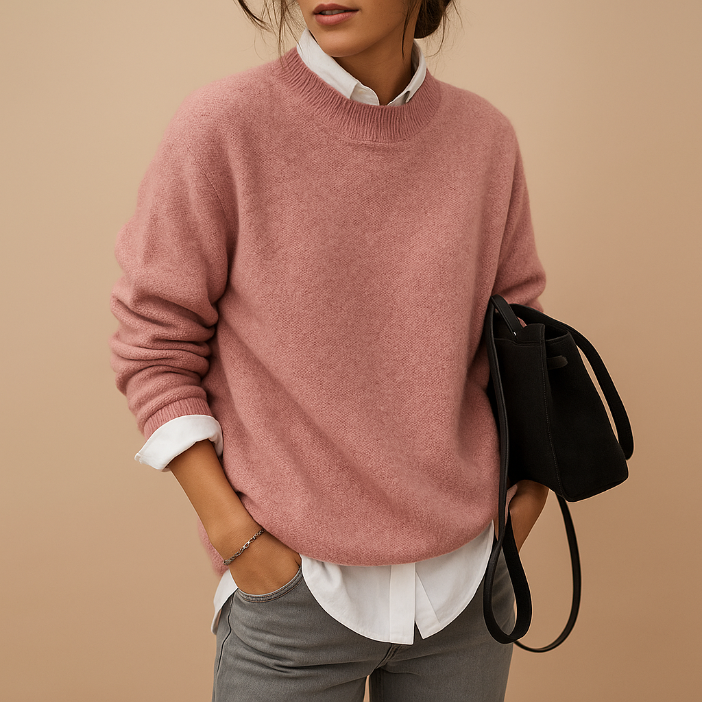 Women's elegant pullover sweater, comfortable knit for versatile office wear or casual chic fall fashion. Long sleeve, round neck.