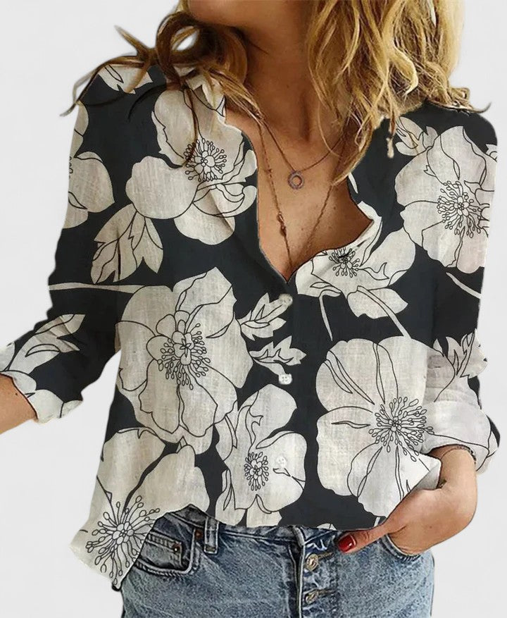 Women's elegant relaxed fit button-down blouse; breathable cotton linen long sleeve top.