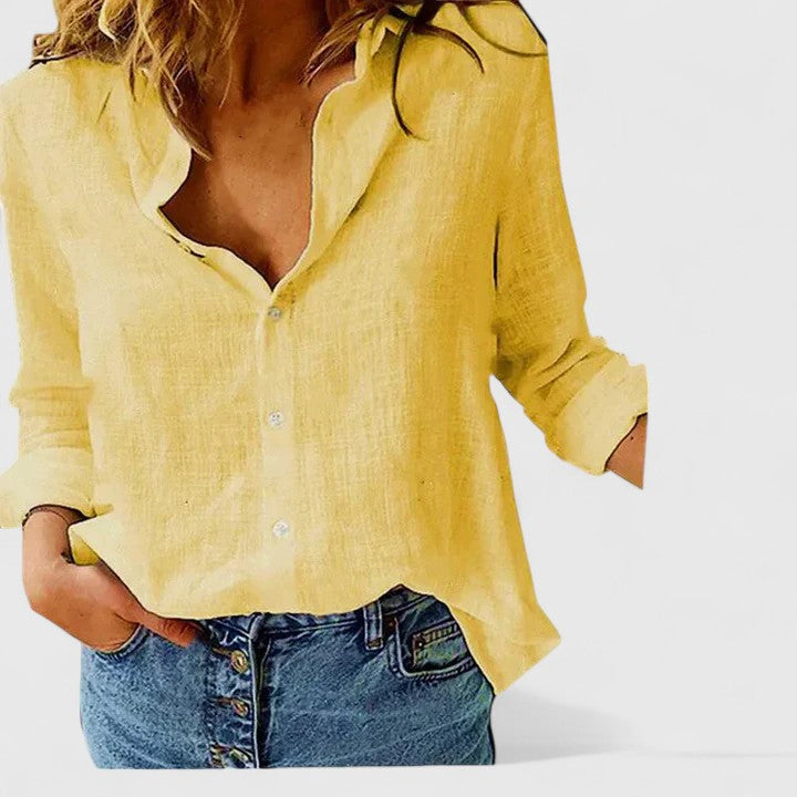 Women's elegant relaxed fit button-down blouse; cotton linen, long sleeve, perfect for a chic look.