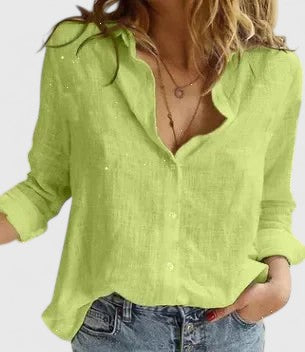 Chic women's relaxed fit button-down blouse; elegant cotton linen long sleeve for office wear.
