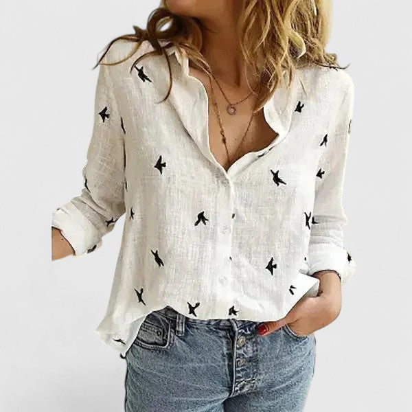 Elegant women's long sleeve cotton linen blouse; relaxed fit, comfortable & versatile button-down.