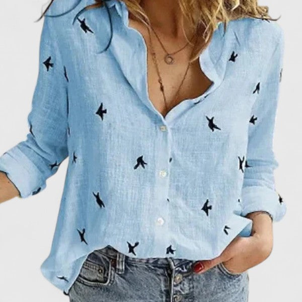 Women's fashion cotton linen button-down shirt; relaxed fit, breathable, ideal for casual chic.