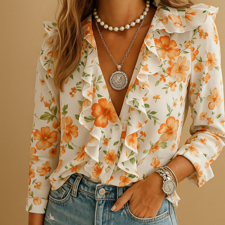Women's elegant ruffle blouse with vibrant butterfly print, long sleeves, perfect for spring casual or work.