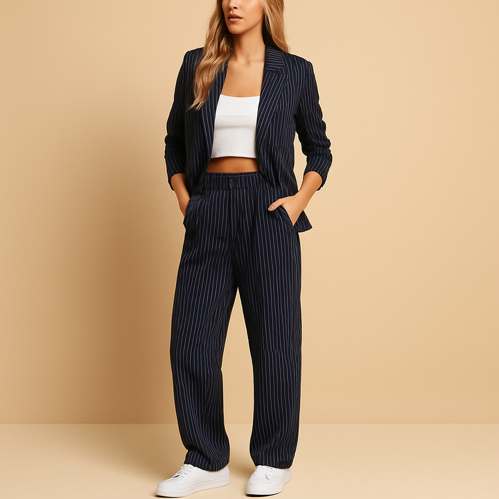Women's elegant tailored blazer & trousers set. Perfect professional business casual office wear or formal attire.
