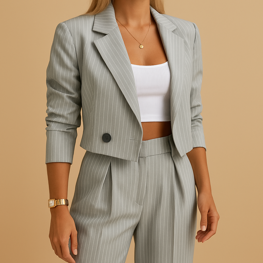 Stylish women's tailored two-piece blazer and trousers set. Versatile for professional business or office fashion.